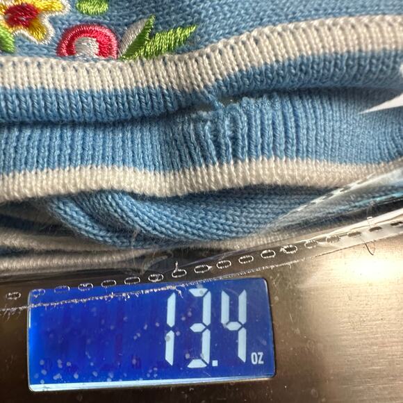 Bob Mackie Sweater Womens XL Blue Fruit Floral Embroidered Cardigan Artsy Preppy - Picture 13 of 14